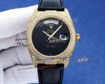 Swiss Replica Rolex Day Date 40mm Onyx Dial Iced Out Yellow Gold Black Alligator Strap Watch